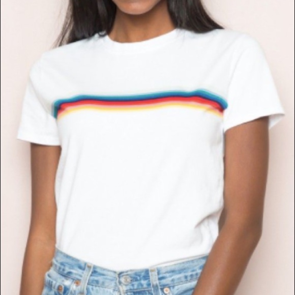 Brandy Melville White T Shirt with Rainbow Design One Size Fits All